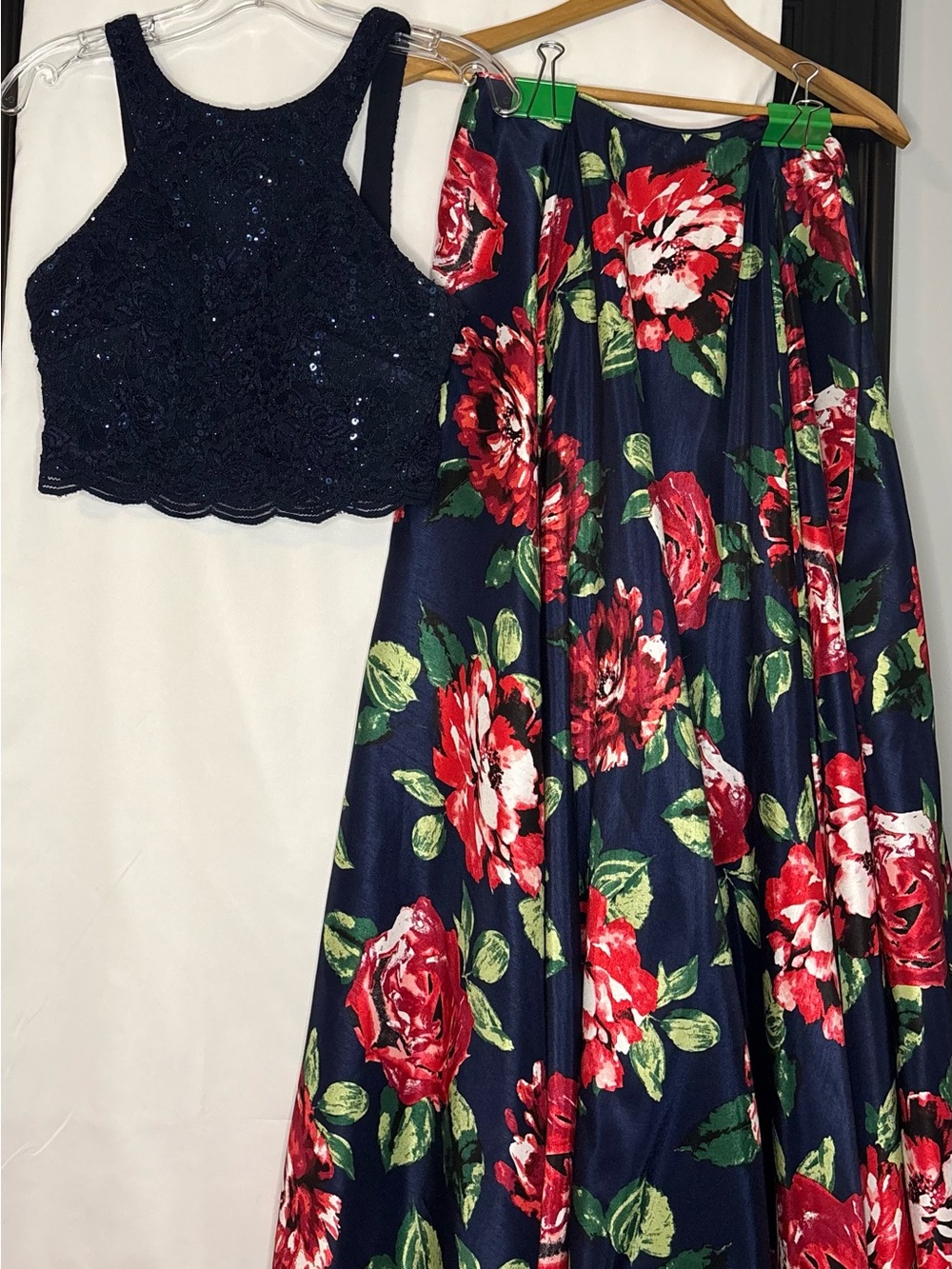 City Triangles Navy Sequin Crop Top with Navy Floral Skirt